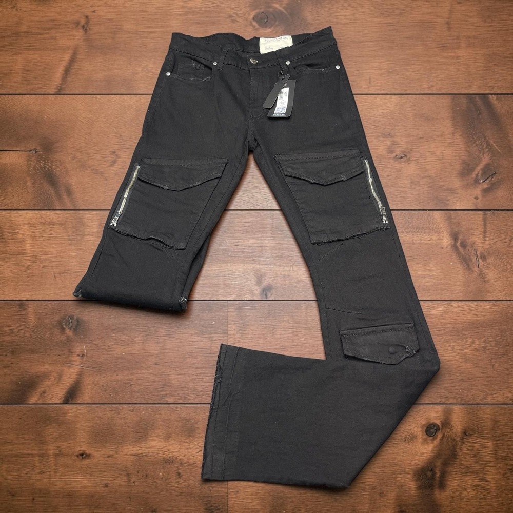 NEW FWRD Denim Jet Black Fit 2 Stacked Cargo Jeans 32x36 Distressed Streetwear